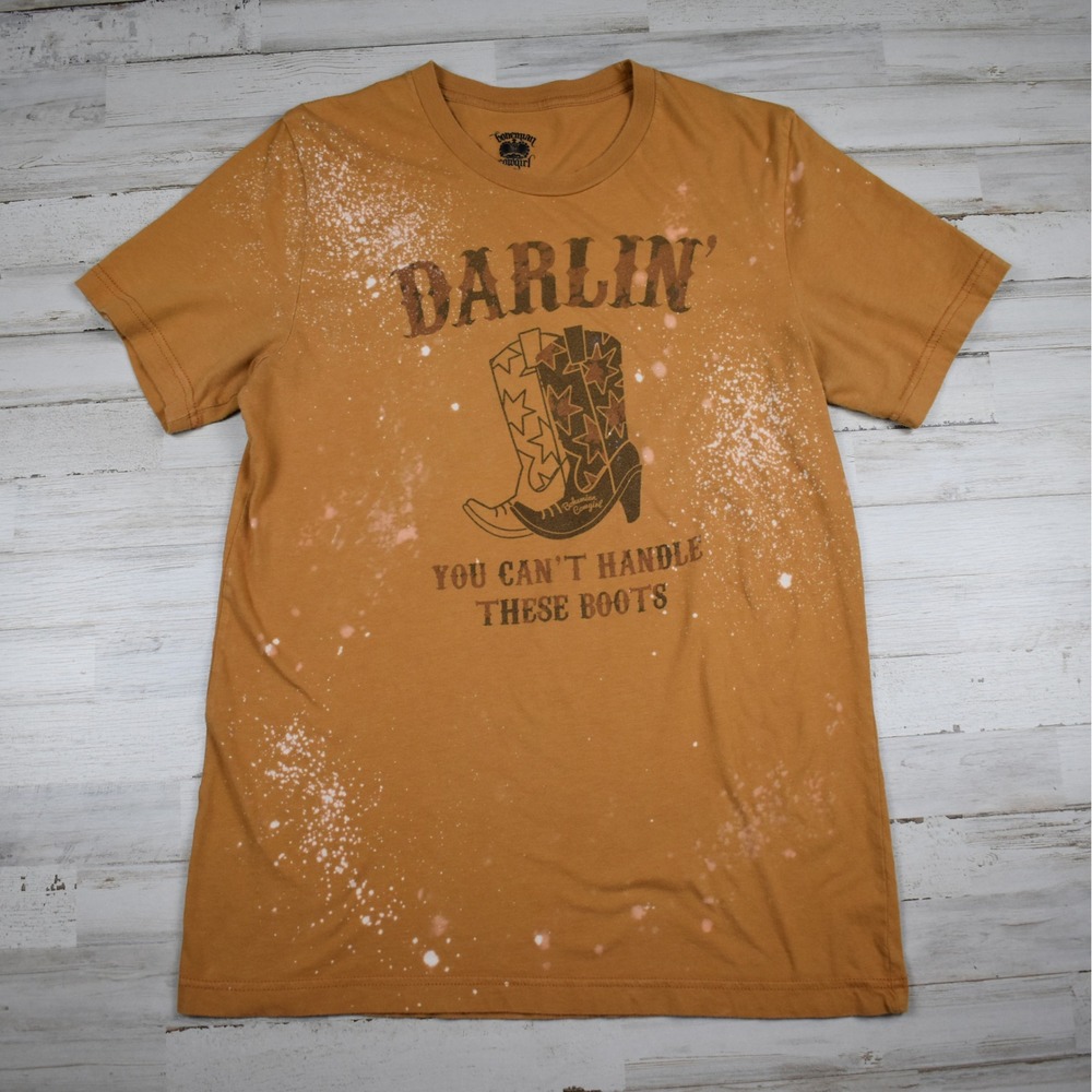 Bohemian Cowgirl T-shirt Womens M Gold Tan Can't Handle These Boots Western Tee